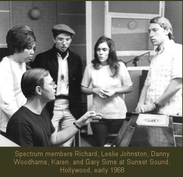 Carpenter's group Spectrum members, Richard, Leslie Johnston, Danny Woodhams, Karen, and Gary Sims at Sunset Sound, Hollywood, early 1968